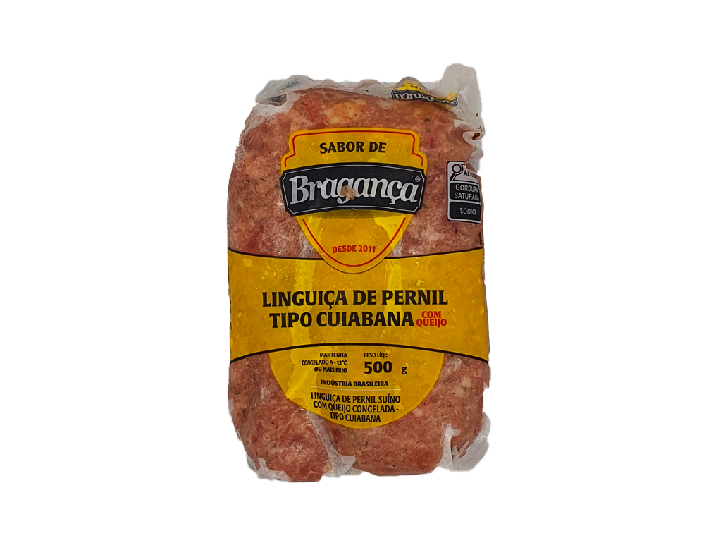 LINGUIÇA SUÍNA CONGELADA CUIABANA COM QUEIJO SABOR DE BRAGANÇA 500 G (CX 10 PCT)